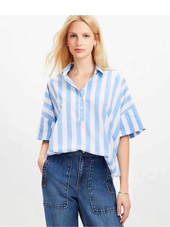 LOFT Tops - Loft Striped Short-Sleeve Popover Shirt - Light Blue & White